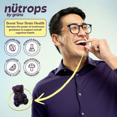 Grüns Nutrops packaging front highlighting convenient daily dose for travel.