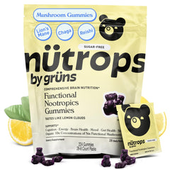 Grüns Nutrops bottle of sugar-free Lions Mane gummies for daily focus.