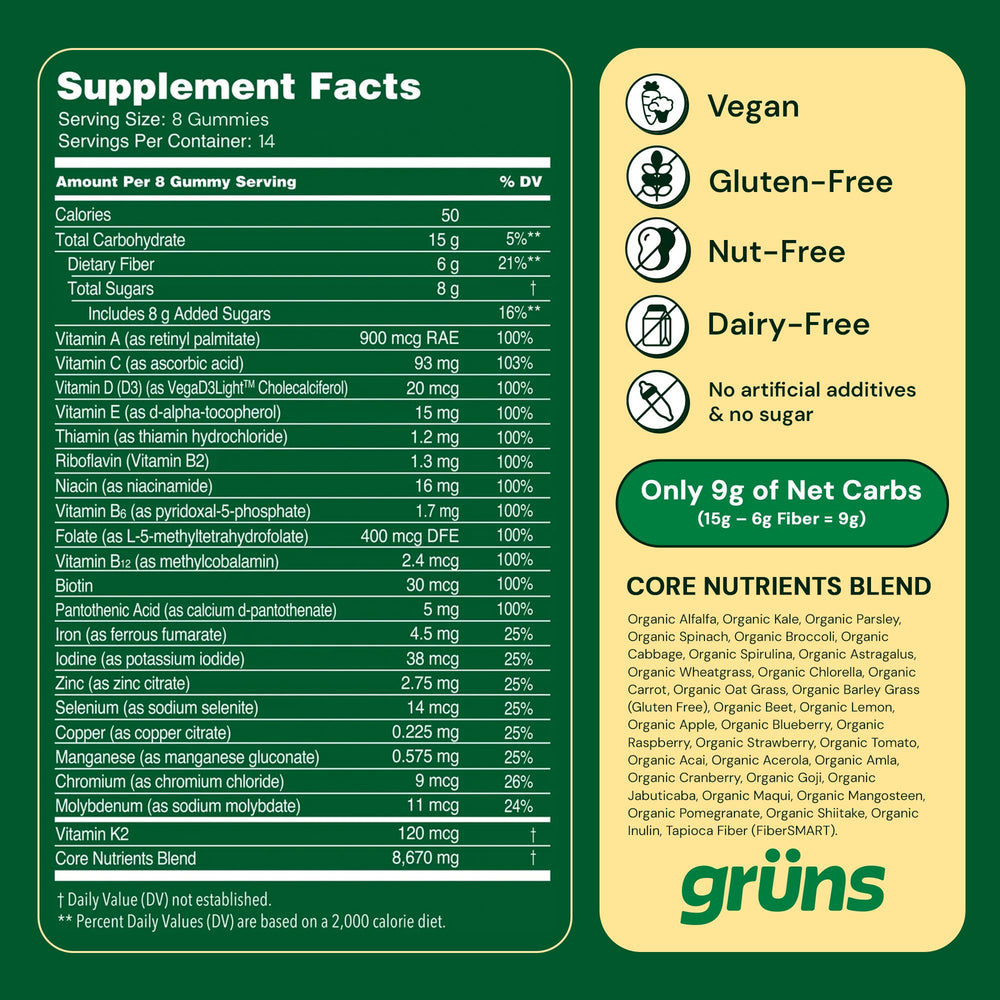 Grüns prebiotics and spirulina imagery highlighting benefits