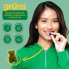 Grüns spirulina chlorella ingredient visuals with gummies