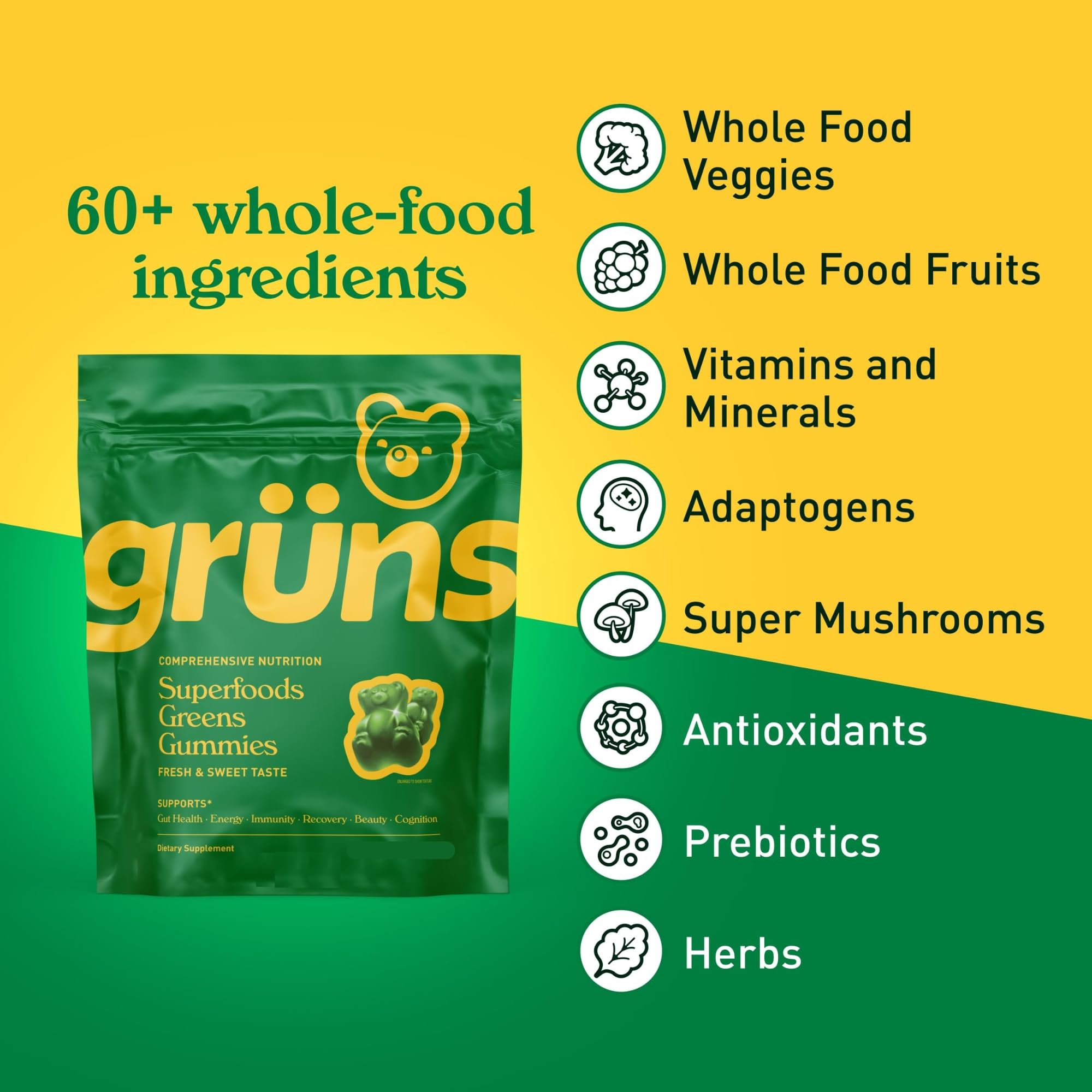Grüns gummies strawberry-green flavor in serving dish