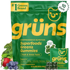 Grüns Sugar-Free Super Greens Gummies bottle displayed for daily wellness support