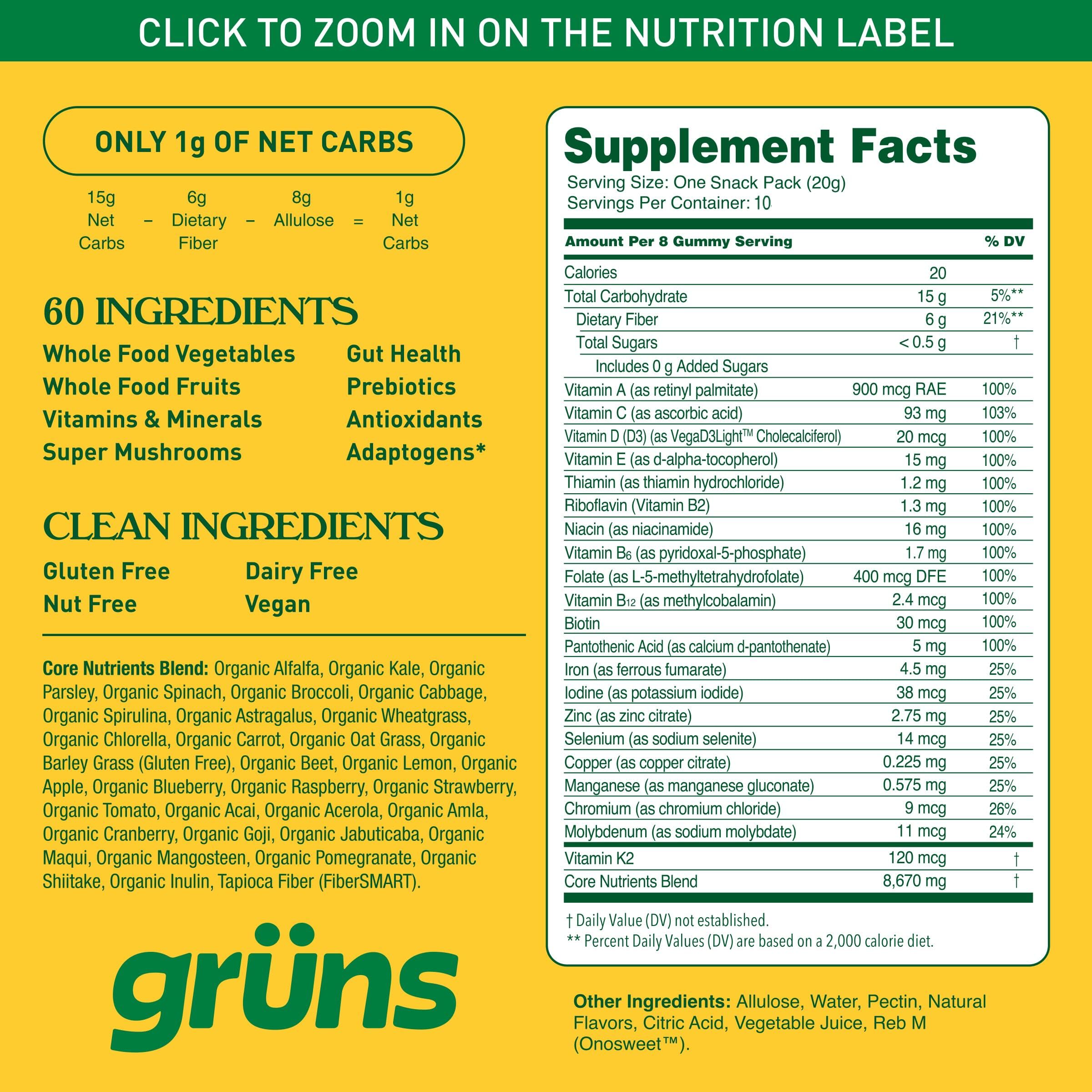 Grüns allergen-free labeling emphasizing gluten-free, dairy-free, nut-free