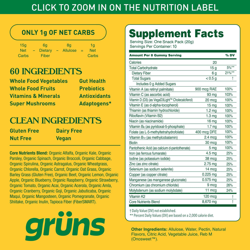 Grüns allergen-free labeling emphasizing gluten-free, dairy-free, nut-free