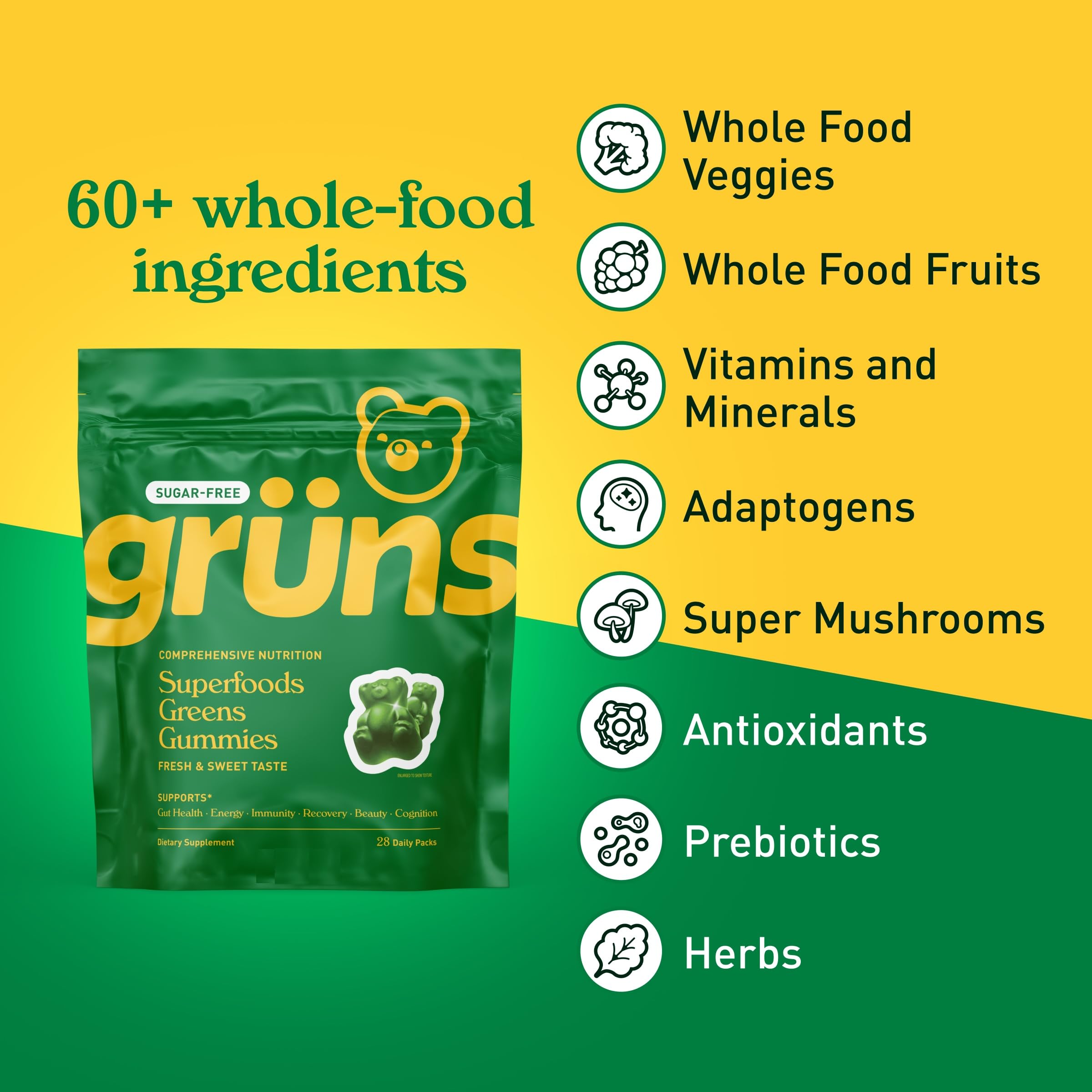Grüns 10-pack packaging of Sugar-Free Super Greens Gummies on counter