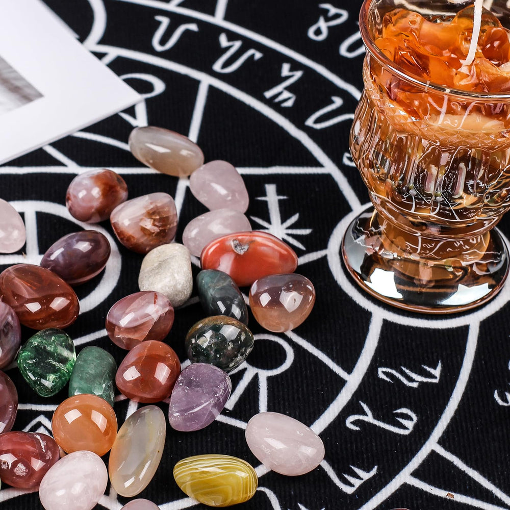 Polished agate stones show vibrant hues for altar displays.
