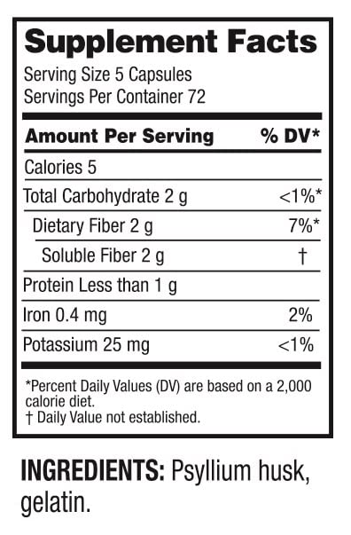 Guardian Psyllium Fiber Capsules label, easy-to-read guidance and daily fiber benefits.