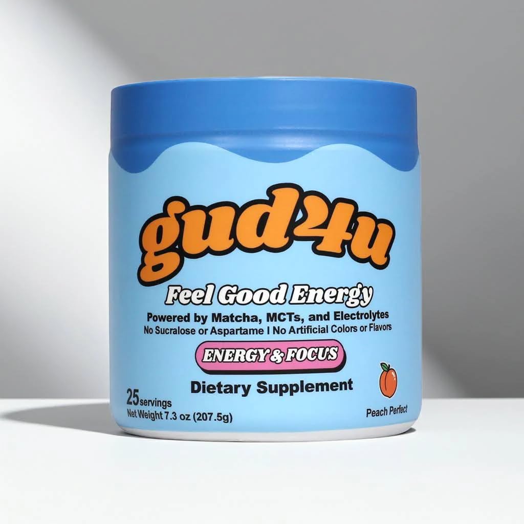 Gud4u Peach Perfect bottle showing clean matcha energy for steady focus