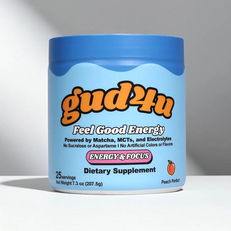 Gud4u Peach Perfect bottle showing clean matcha energy for steady focus