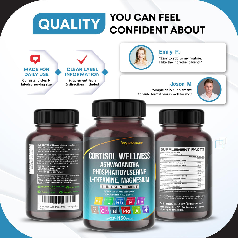 GUDOMET capsules with glass of water imply convenient two-capsule daily serving.