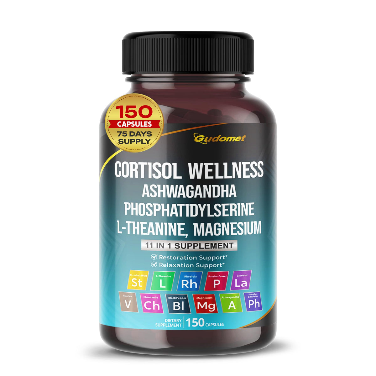 GUDOMET Cortisol Wellness bottle front shows 150 capsules for daily cortisol balance support.