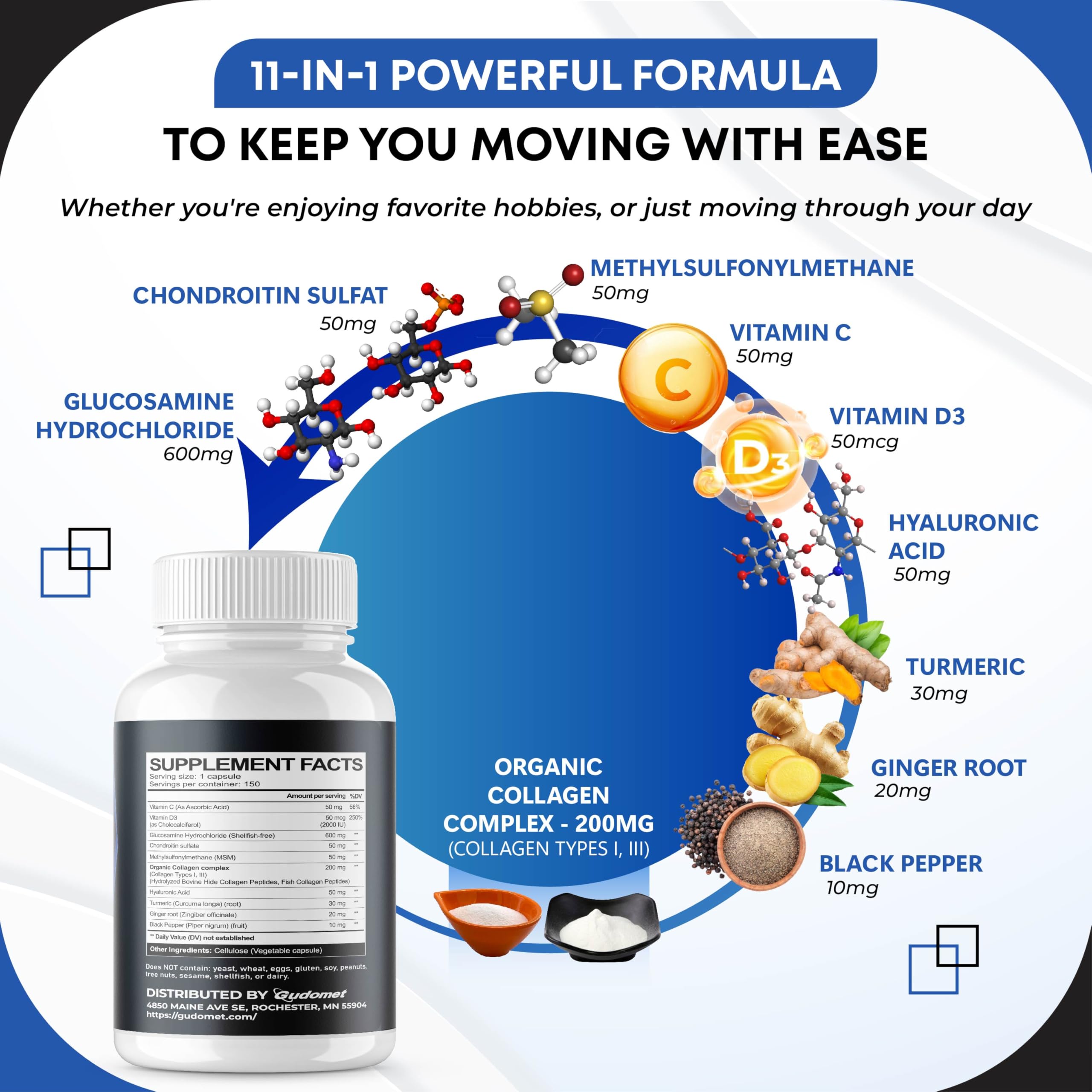 GUDOMET hyaluronic acid turmeric capsules support cartilage comfort.