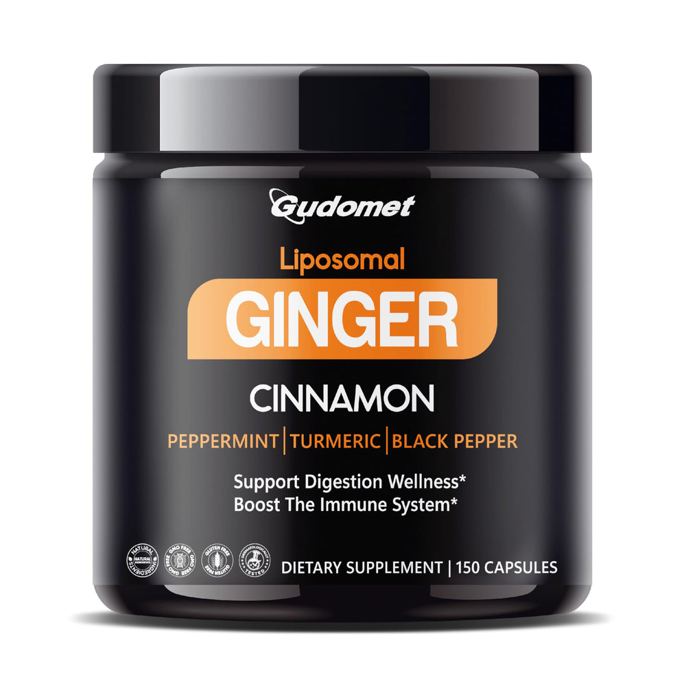 GUDOMET liposomal ginger cinnamon bottle shown for daily digestive wellness