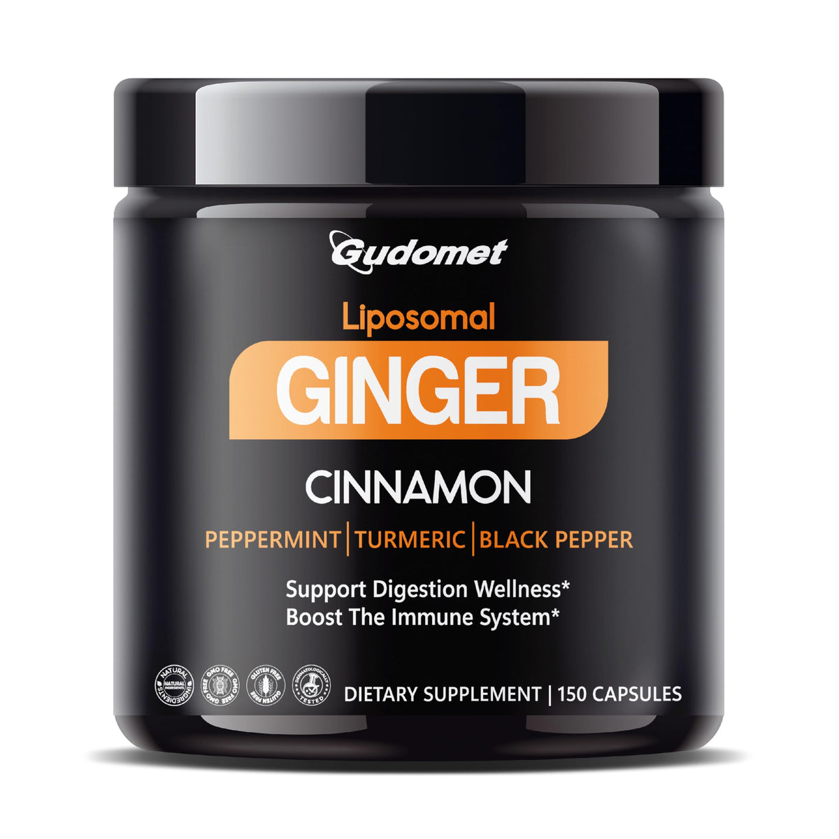 GUDOMET liposomal ginger cinnamon bottle shown for daily digestive wellness