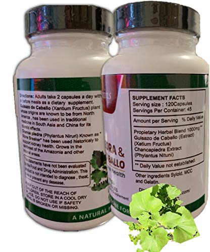 Guizazo Plus Chanca Piedra ingredients panel shows chanca piedra and herbal blend.