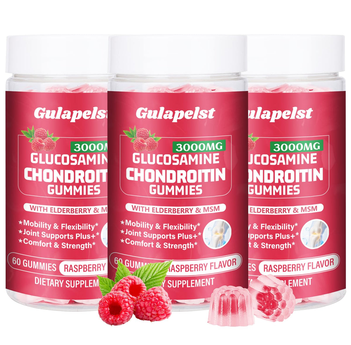 Gulapelst glucosamine chondroitin gummies bottle showing joint support benefits