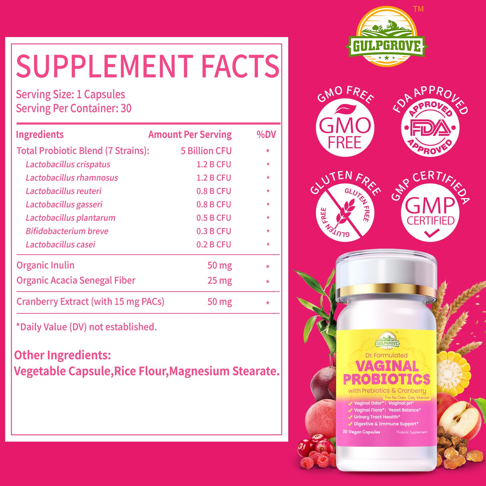 GulpGrove cranberry PACs 15mg highlight urinary comfort support.