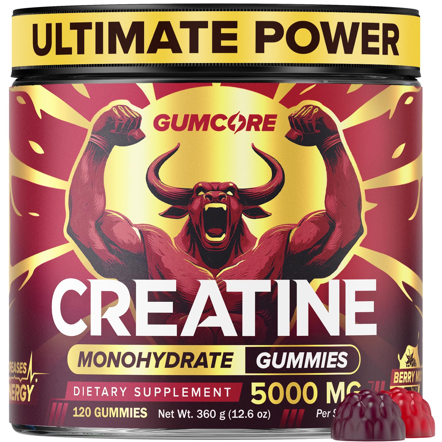 GUMCORE Creatine Monohydrate Gummies bottle for on-the-go energy and simple dosing.