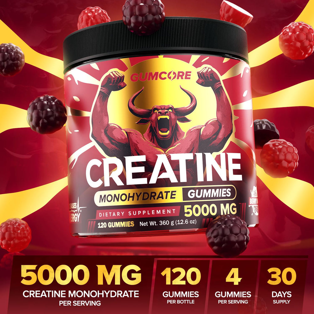 GUMCORE Creatine Monohydrate Gummies close-up showing chewy texture and purity for performance.