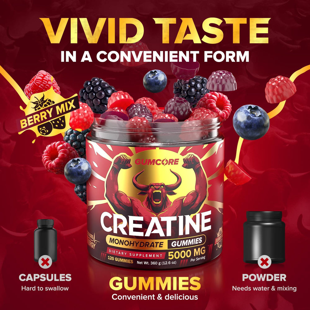 GUMCORE Creatine Monohydrate Gummies packaging displays vegan, non-GMO, gluten-free features.
