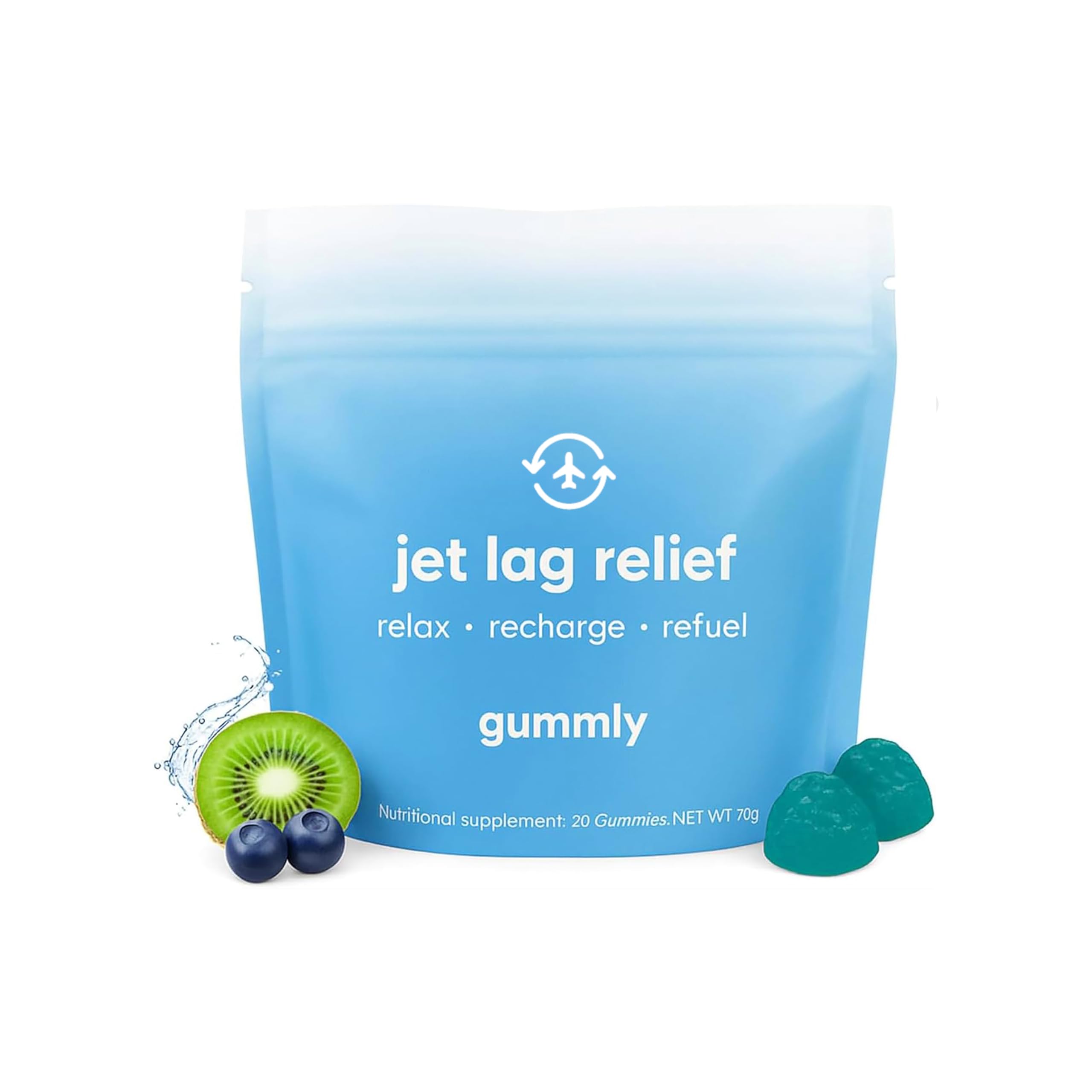 Gummly Jet Lag Remedy bottle ready for travel support.