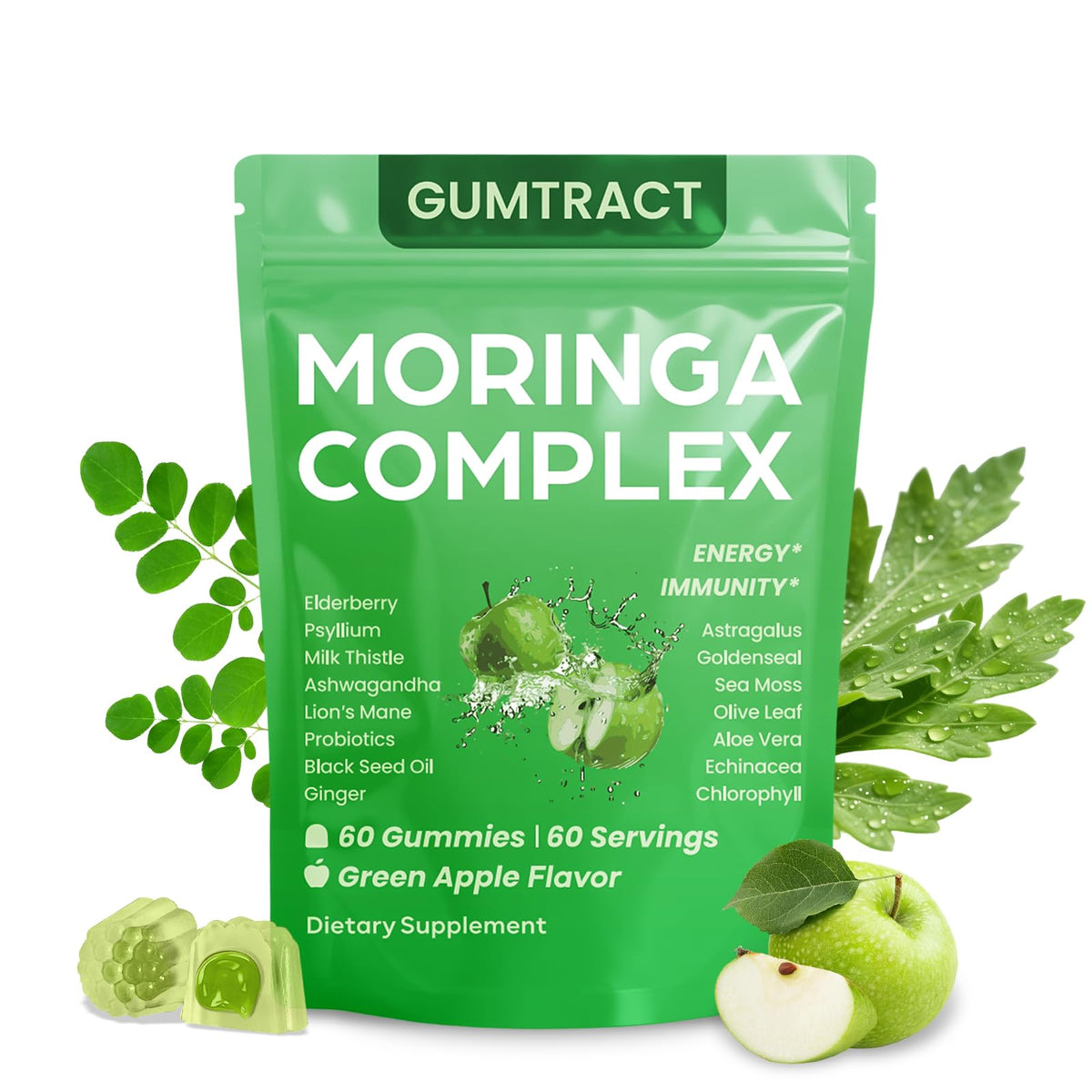 GUMTRACT Moringa Gummies bottle with green apple flavor for daily energy support.