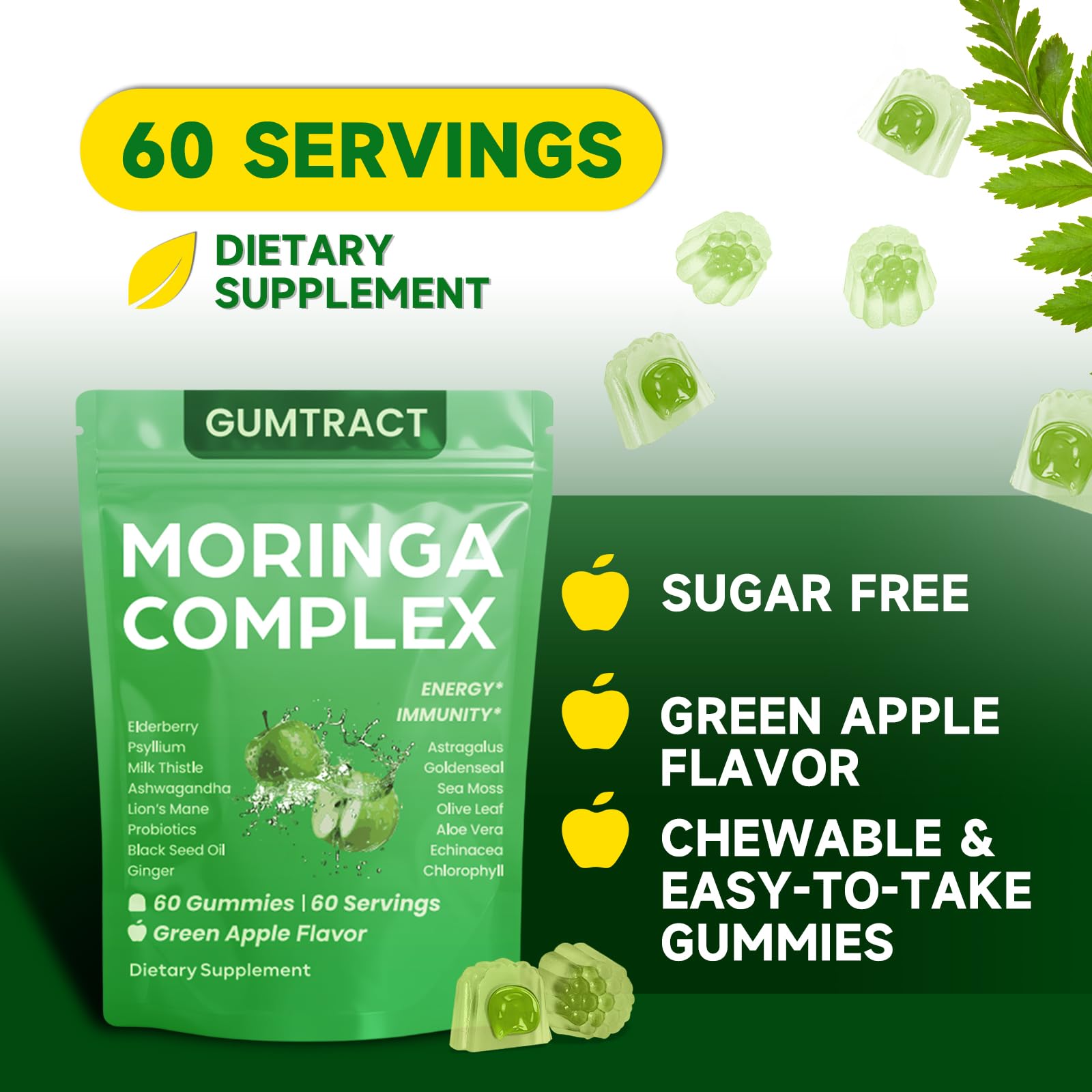 GUMTRACT Moringa Gummies ingredients highlights with sea moss, chlorophyll, and turmeric.