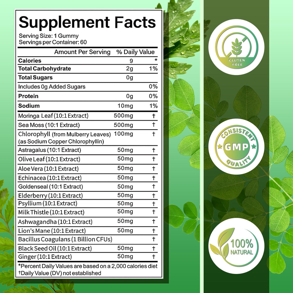 GUMTRACT Moringa Gummies label close-up showing 16-in-1 complex for balanced nutrition.