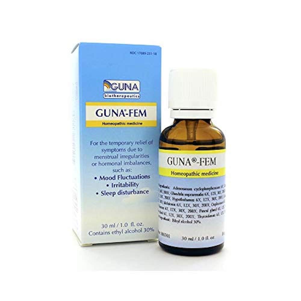 GUNA Fem homeopathic medicine bottle front view for menstrual relief.