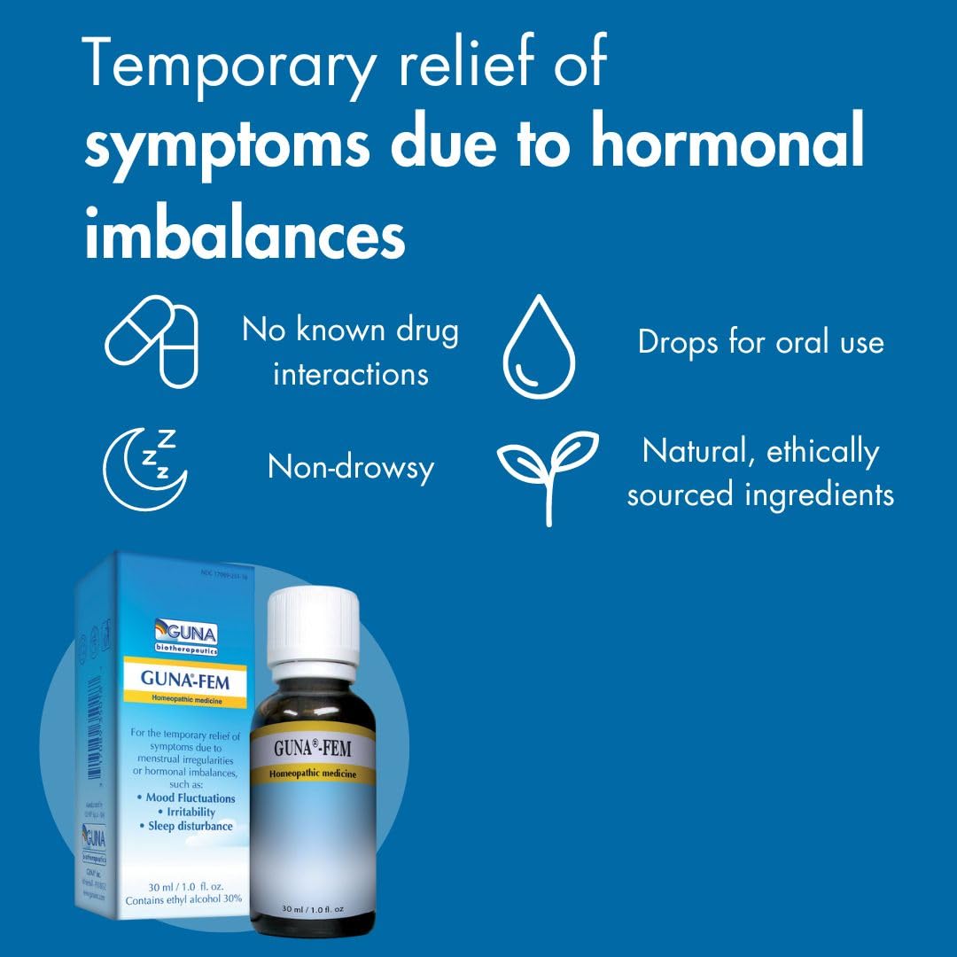 GUNA Fem bottle being poured to illustrate natural symptom relief potential.