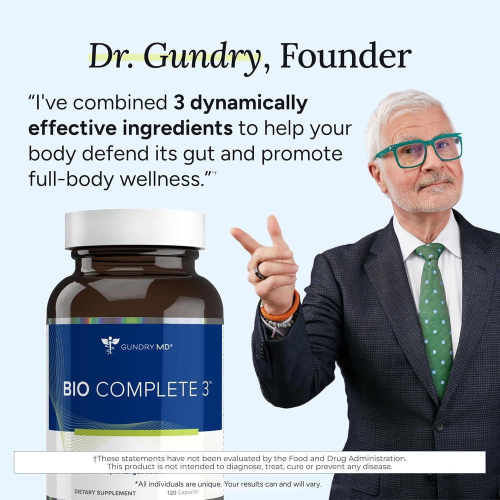 Gundry MD Bio Complete 3 bottle back image indicates everyday wellness use.