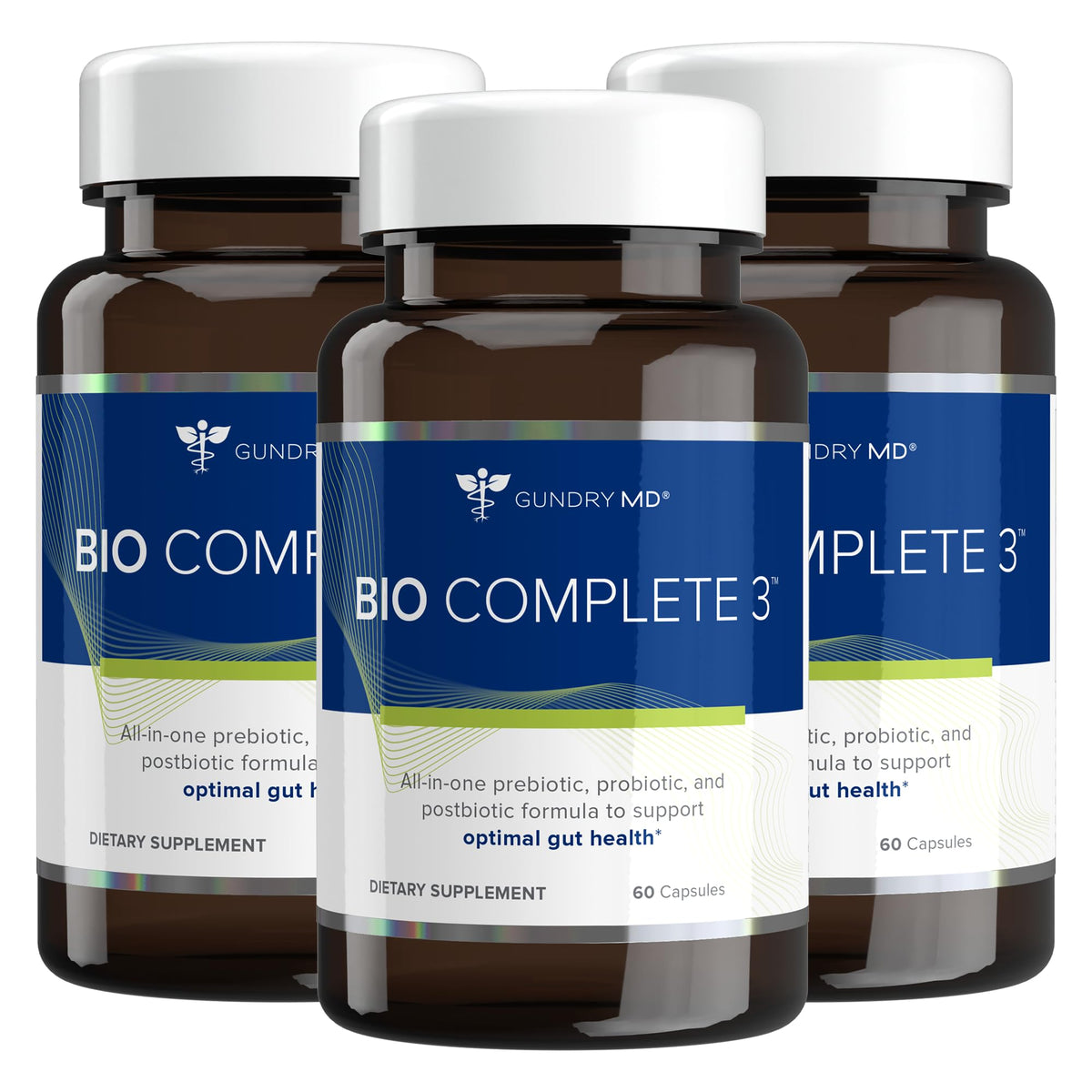Gundry MD Bio Complete 3 bottle front promotes easy digestion and daily wellness.