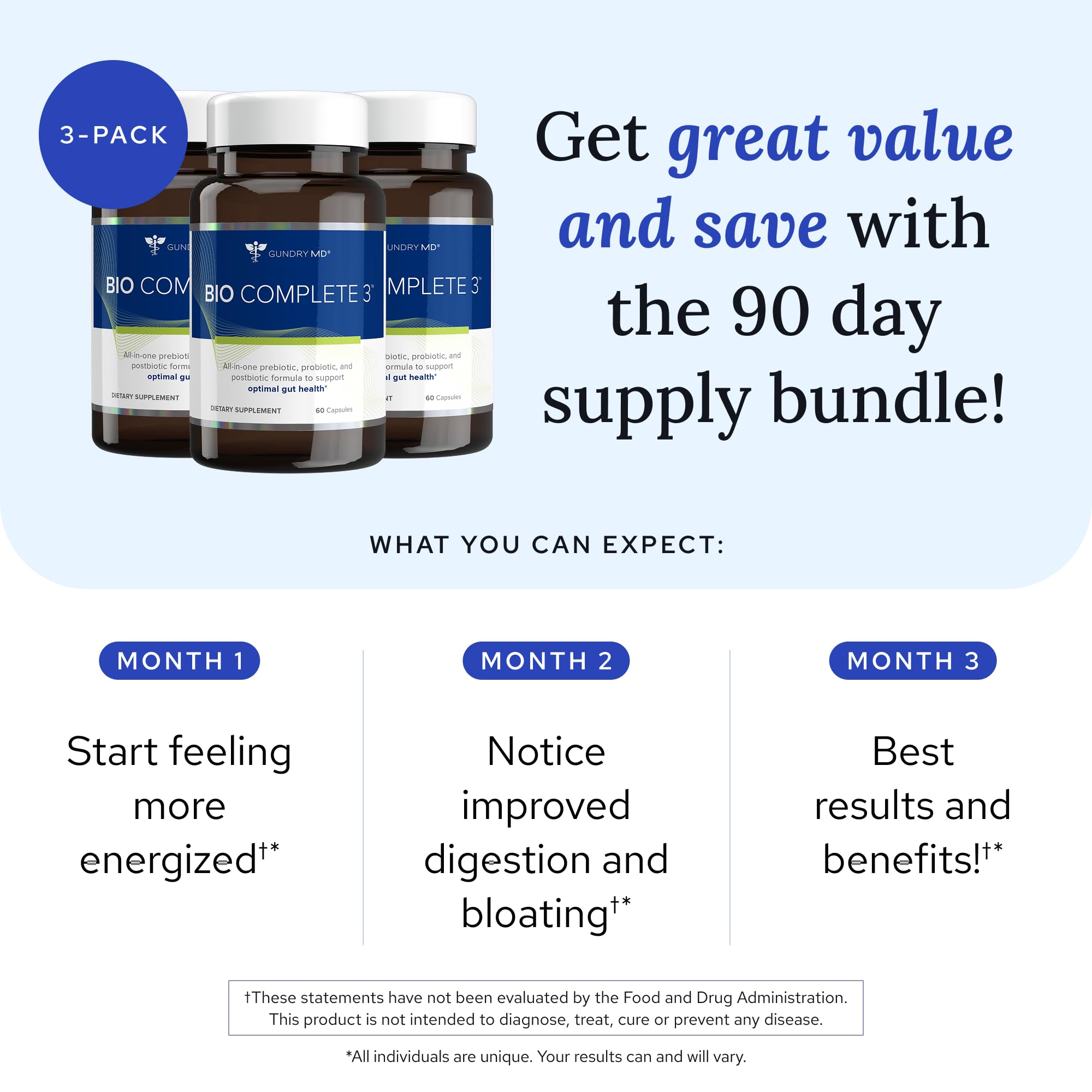 Gundry MD Bio Complete 3 bottle label closeup highlights the 3-in-1 blend.