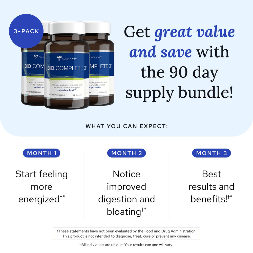Gundry MD Bio Complete 3 bottle label closeup highlights the 3-in-1 blend.