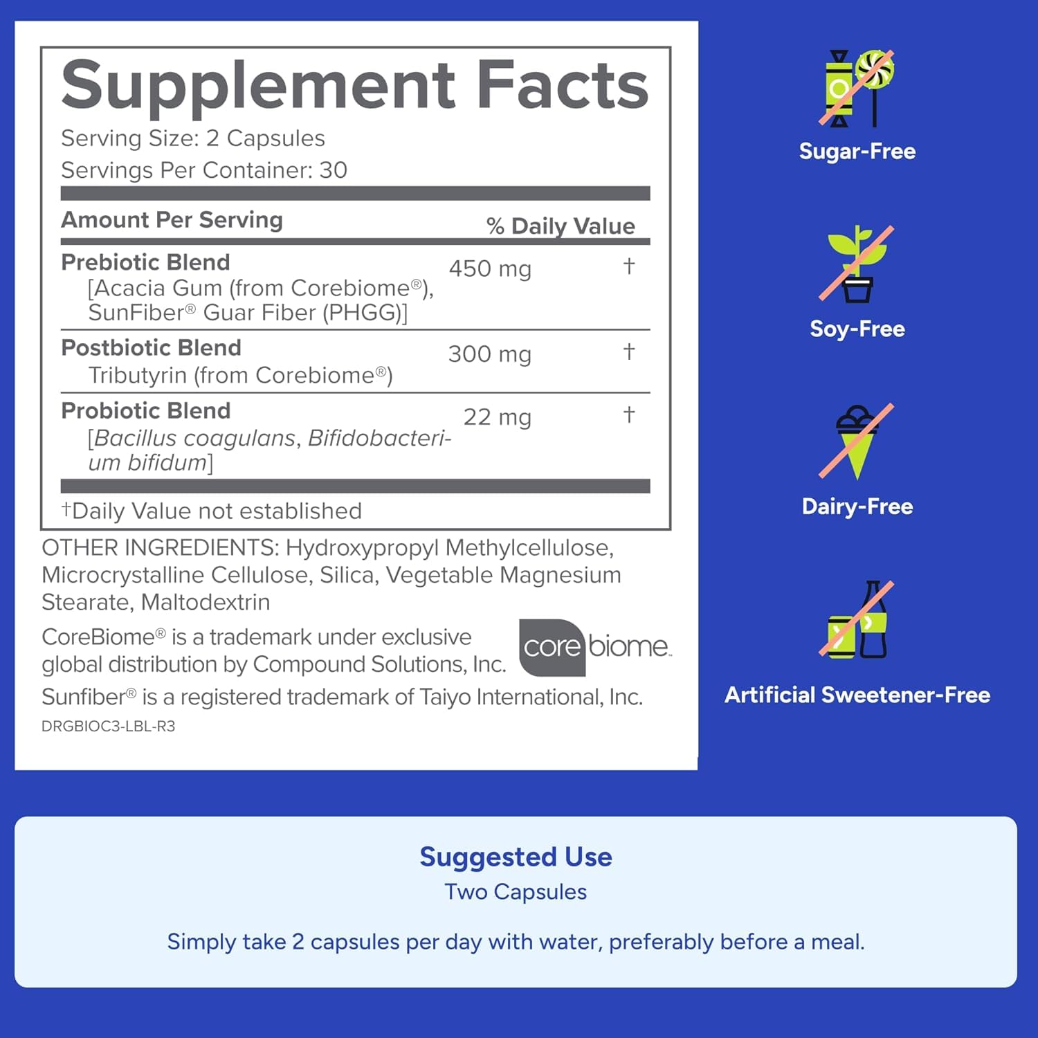 Gundry MD Bio Complete 3 ingredient schematic explains probiotic, prebiotic, postbiotic benefits.