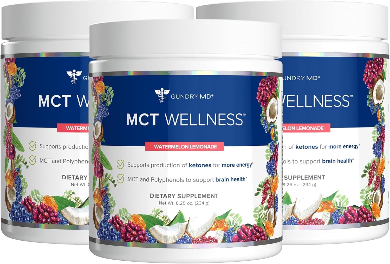 Gundry MD MCT Wellness Powder tub with Watermelon Lemonade for refreshing energy support.