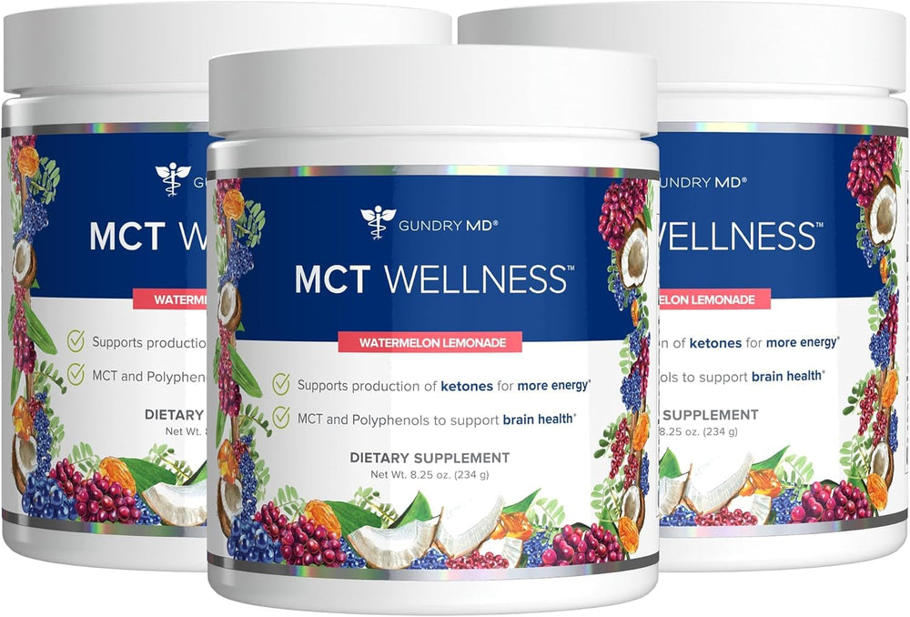Gundry MD MCT Wellness Powder tub with Watermelon Lemonade for refreshing energy support.