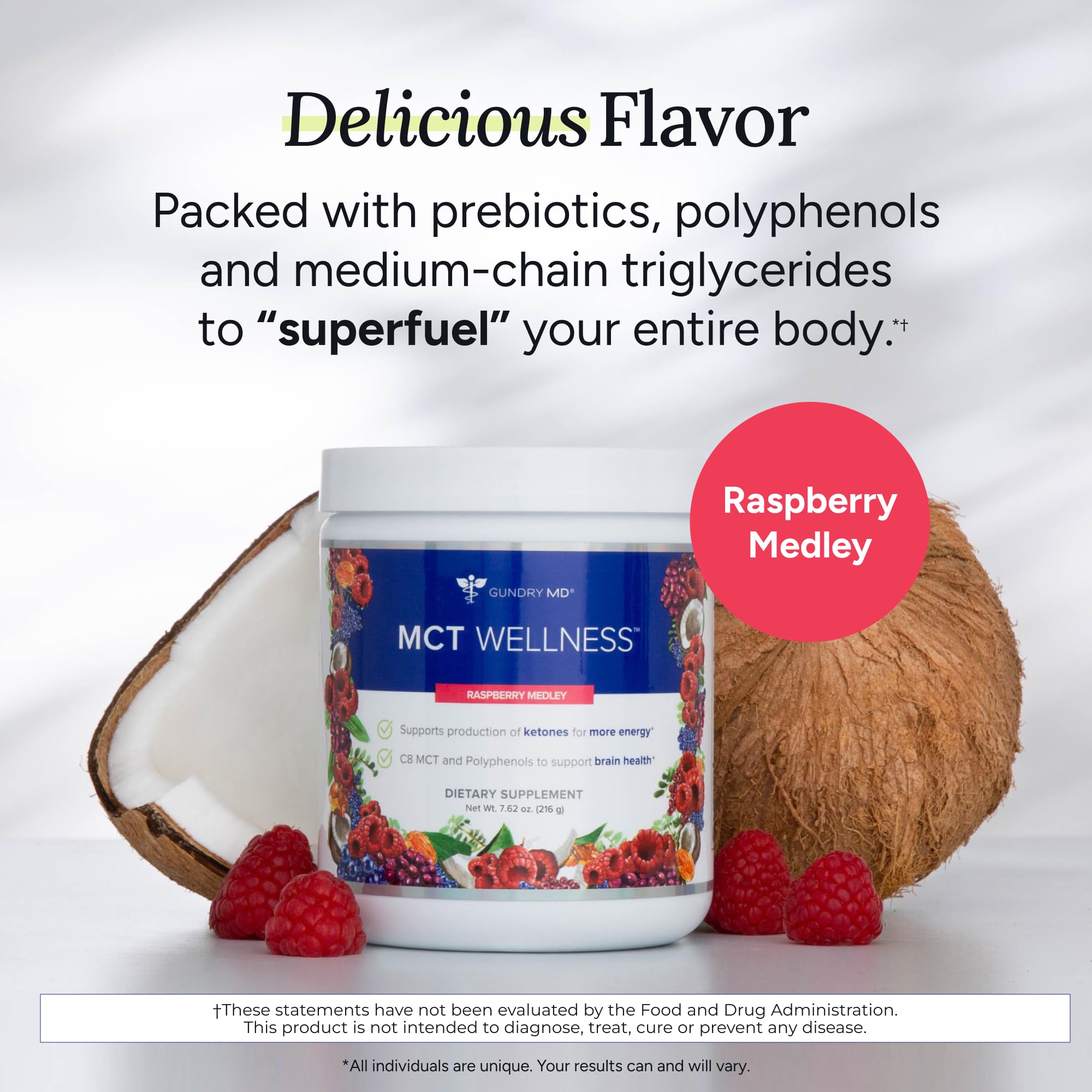 Gundry MD MCT Wellness Raspberry Medley in glass promotes ketosis-friendly drink.