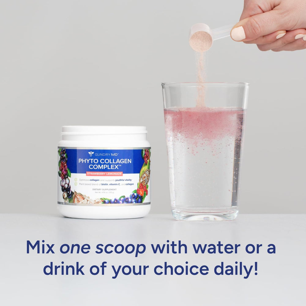 Gundry MD Phyto Collagen Complex bottle beside fresh fruit, suggesting a flavorful strawberry lemonade routine
