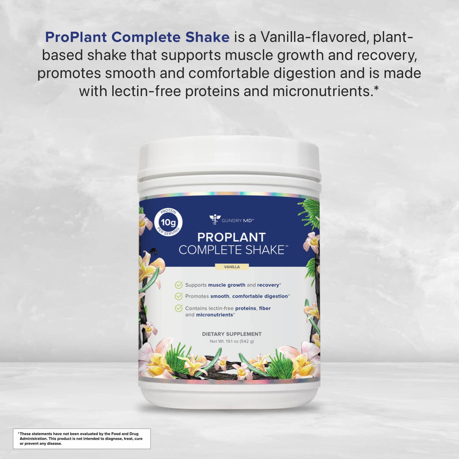 Gundry MD Pro Plant Complete Shake vanilla nutrition label emphasizing plant protein