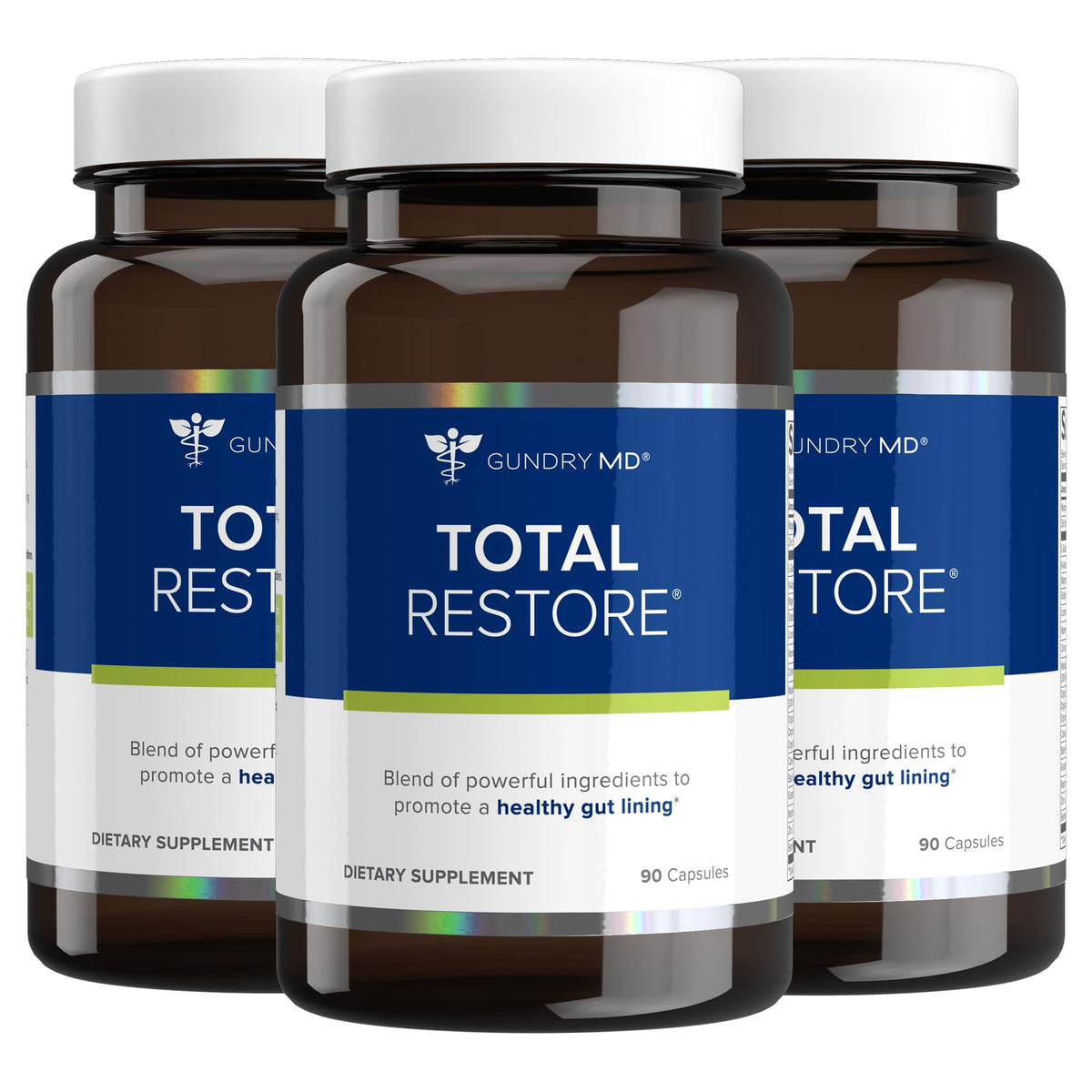 Gundry MD Total Restore bottle with capsules for gut lining support.