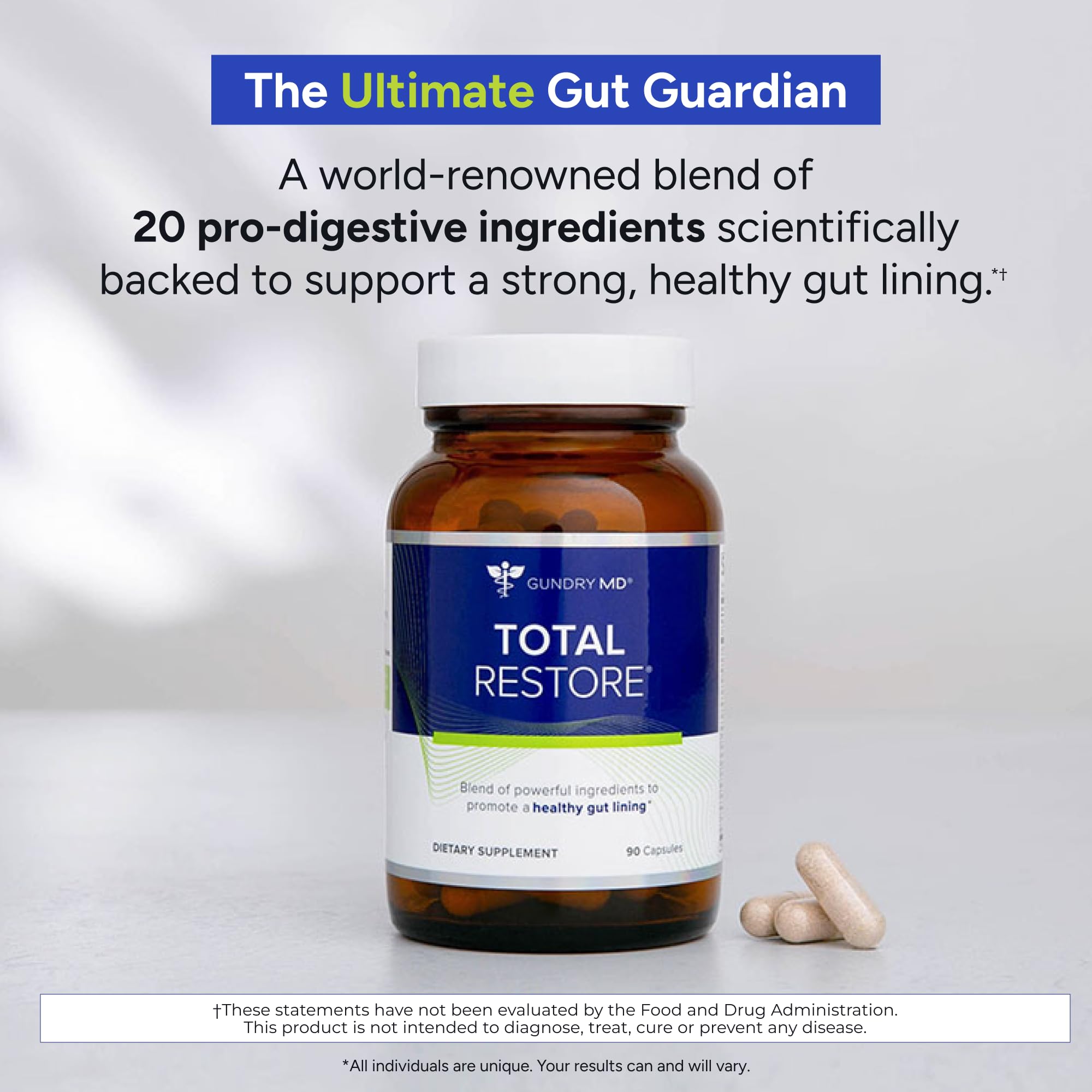 Gundry MD Total Restore capsules close-up highlighting convenient daily use
