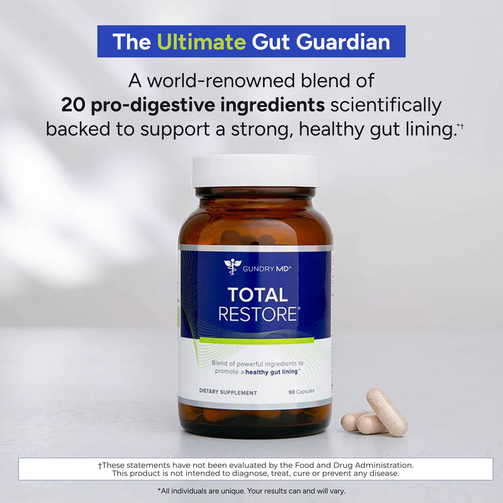 Gundry MD Total Restore capsules close-up highlighting convenient daily use