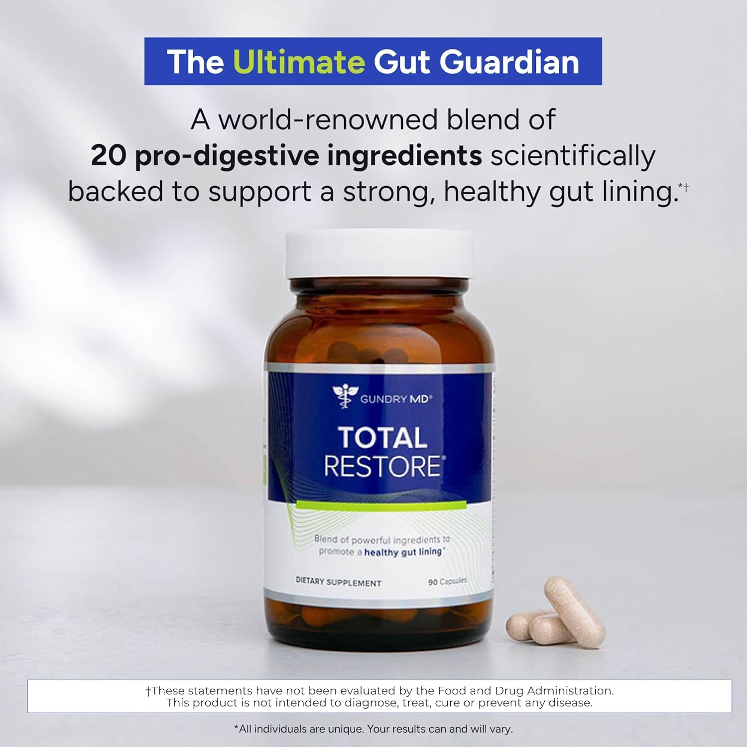 Total Restore capsules visible inside bottle supporting daily digestion comfort.