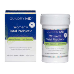 Gundry MD Women's Total Probiotic bottle cap close-up highlighting 30B CFUs for daily balance.