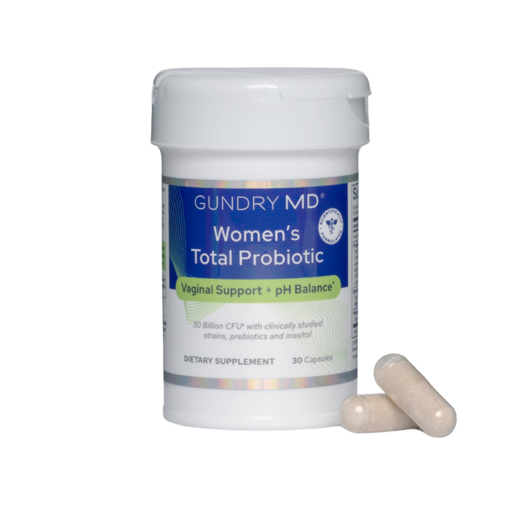 Gundry MD Women's Total Probiotic ingredients panel highlighting myo-inositol and Berriotics for mood and gut health.