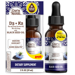 GuruNanda Black Seed Oil bottle in amber glass highlighting antioxidant-rich formula for daily immune support.