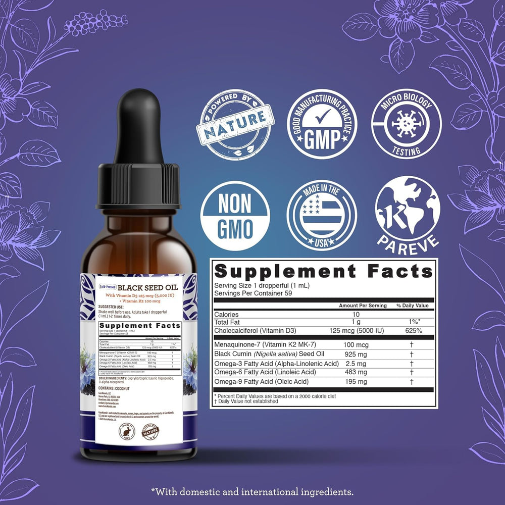 GuruNanda Black Seed Oil thymoquinone illustration emphasizes antioxidant-rich profile.