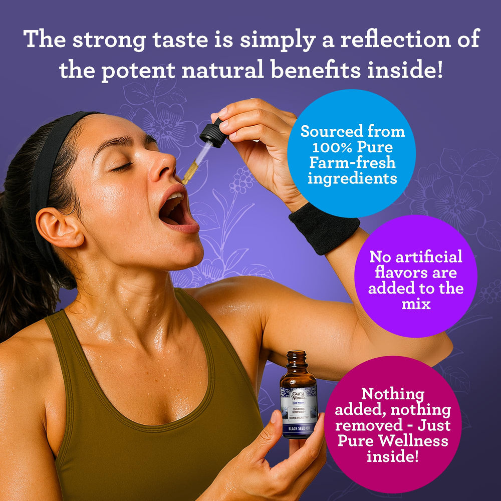 GuruNanda Black Seed Oil vitamin D3 and K2 illustration highlights bone-friendly nutrients.