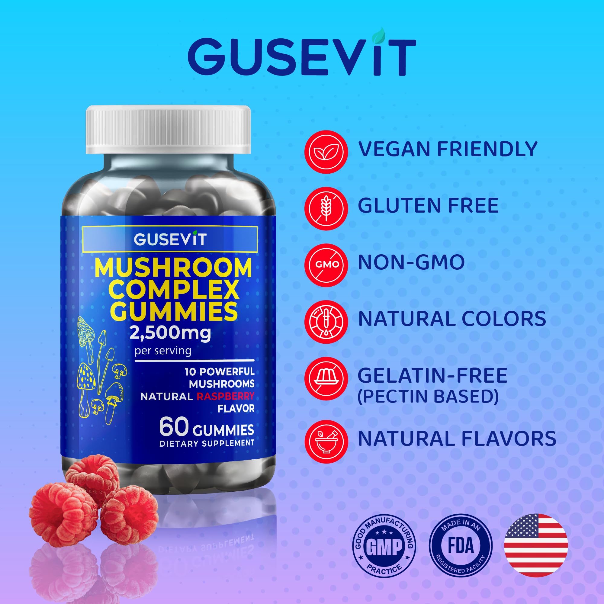 Gusevit Mushroom Gummies serving size panel for daily use
